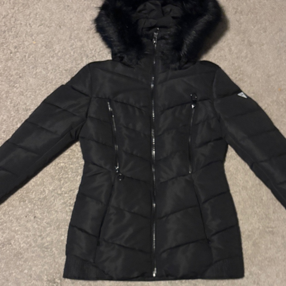 Guess Black Puffer Jacket with Faux Fur Hood